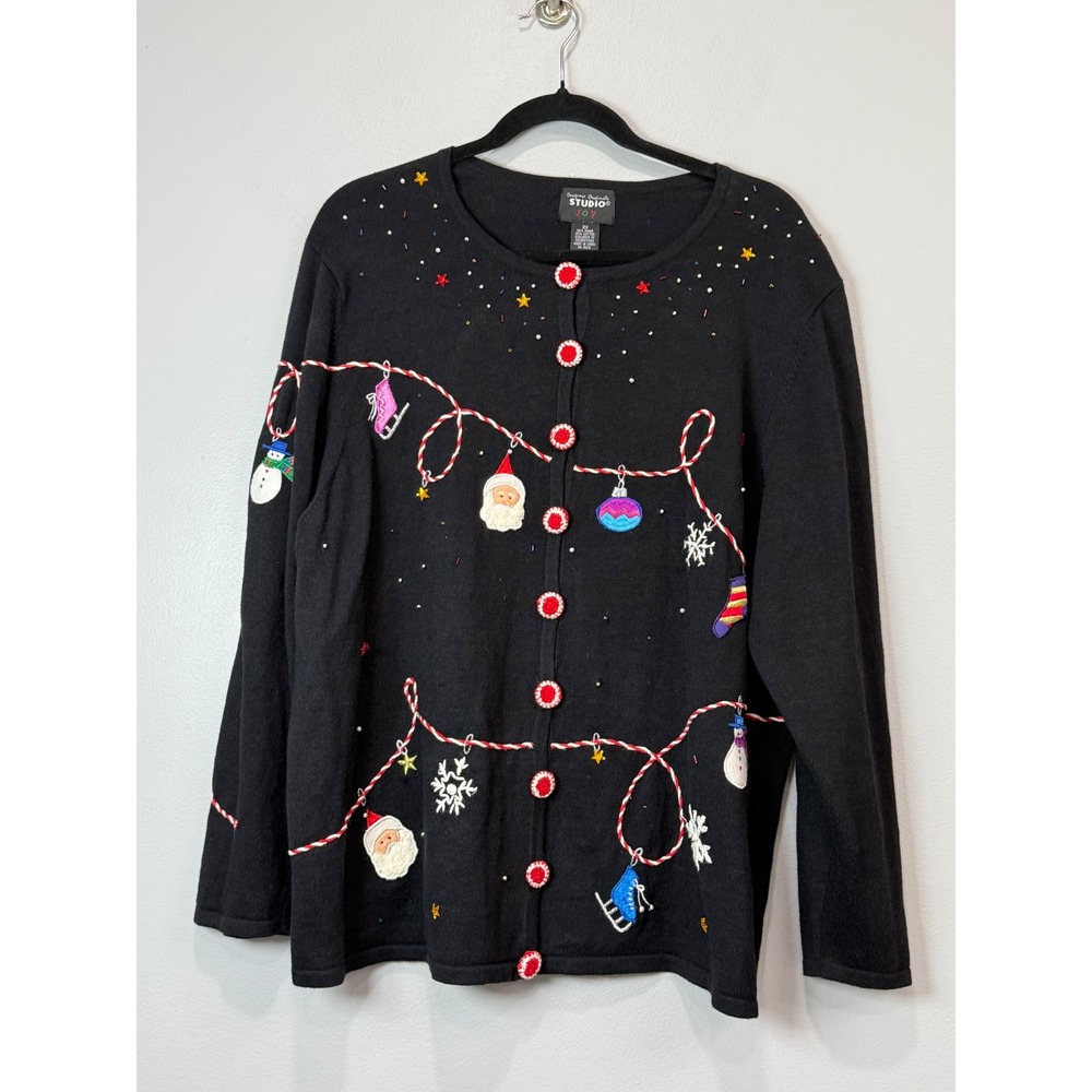 Designers Originals Studio Joy Black Christmas Cardigan‎ Santa Snowman 2X Womens